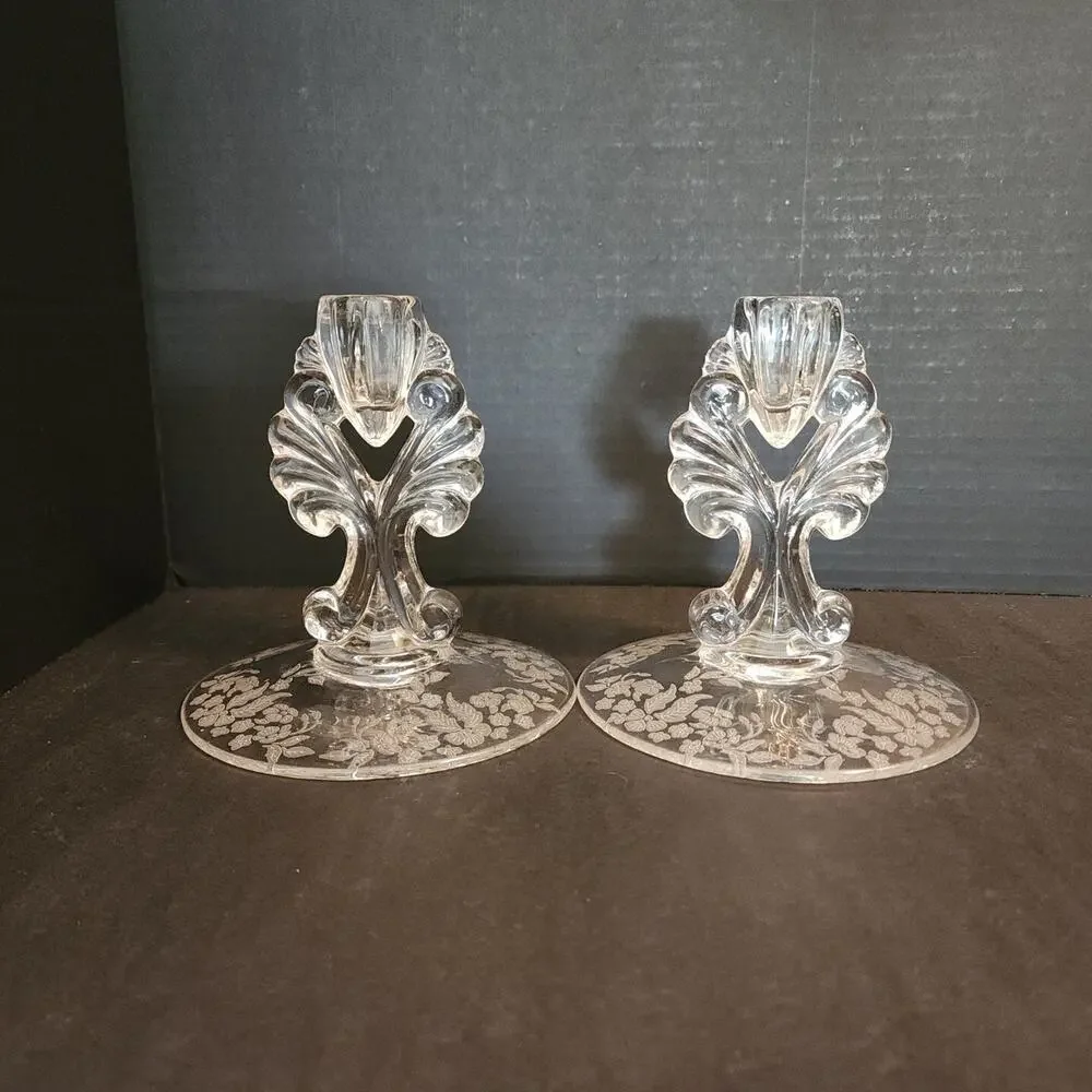 Florentine New Martinsville Pair Candlesticks Etched Elegant Depression Glass